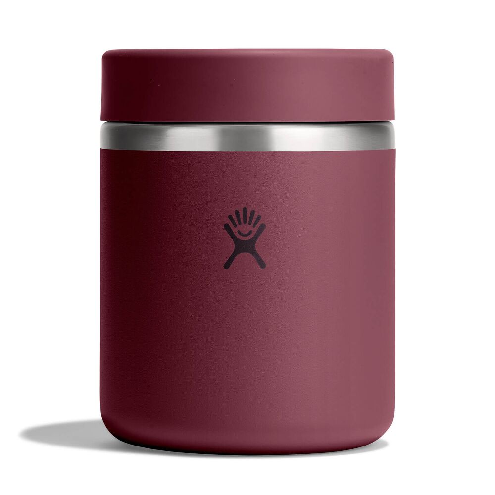 Maroon Hydro Flask cylindrical insulated food container with matching screw-on lid, brushed metal band, matte finish, and Hydro Flask logo on front.