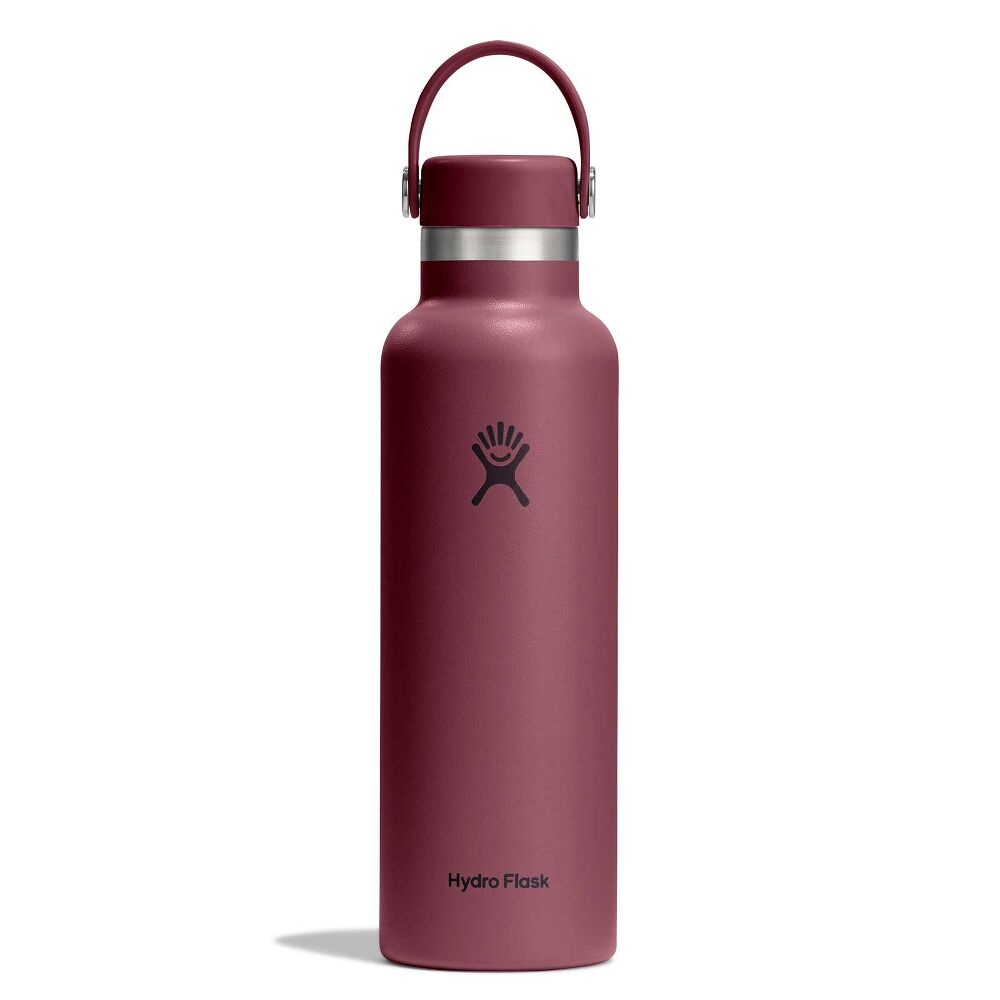 Maroon Hydro Flask water bottle with matte finish, wide mouth, stainless-steel neck band, matching cap with carry handle on metal pivots, and logo on front.