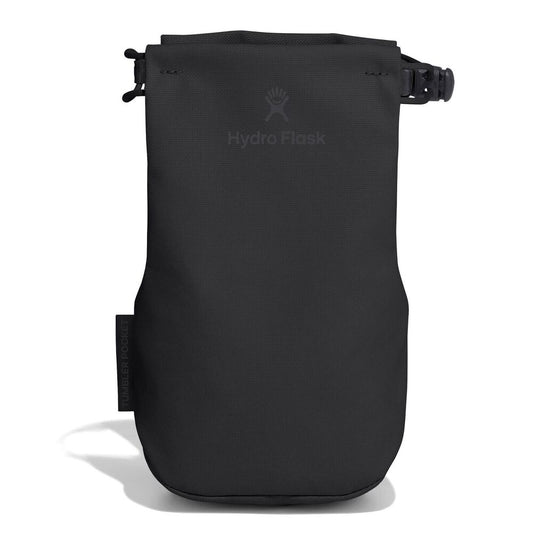 Black Hydro Flask accessory pouch with roll-top closure, side-release buckle, small loop, water-resistant material, logo on front, and "Tumbler Pocket" side tab.
